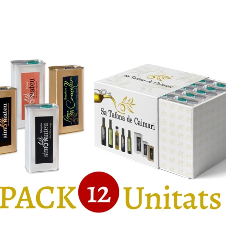 Imagen del paquete de 12 latas de aceite de oliva de Sa Tafona de Caimari