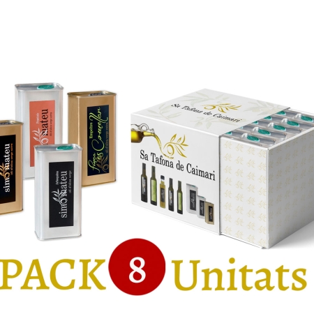 Imagen del paquete de 8 latas de aceite de oliva de Sa Tafona de Caimari