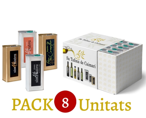Imagen del paquete de 8 latas de aceite de oliva de Sa Tafona de Caimari